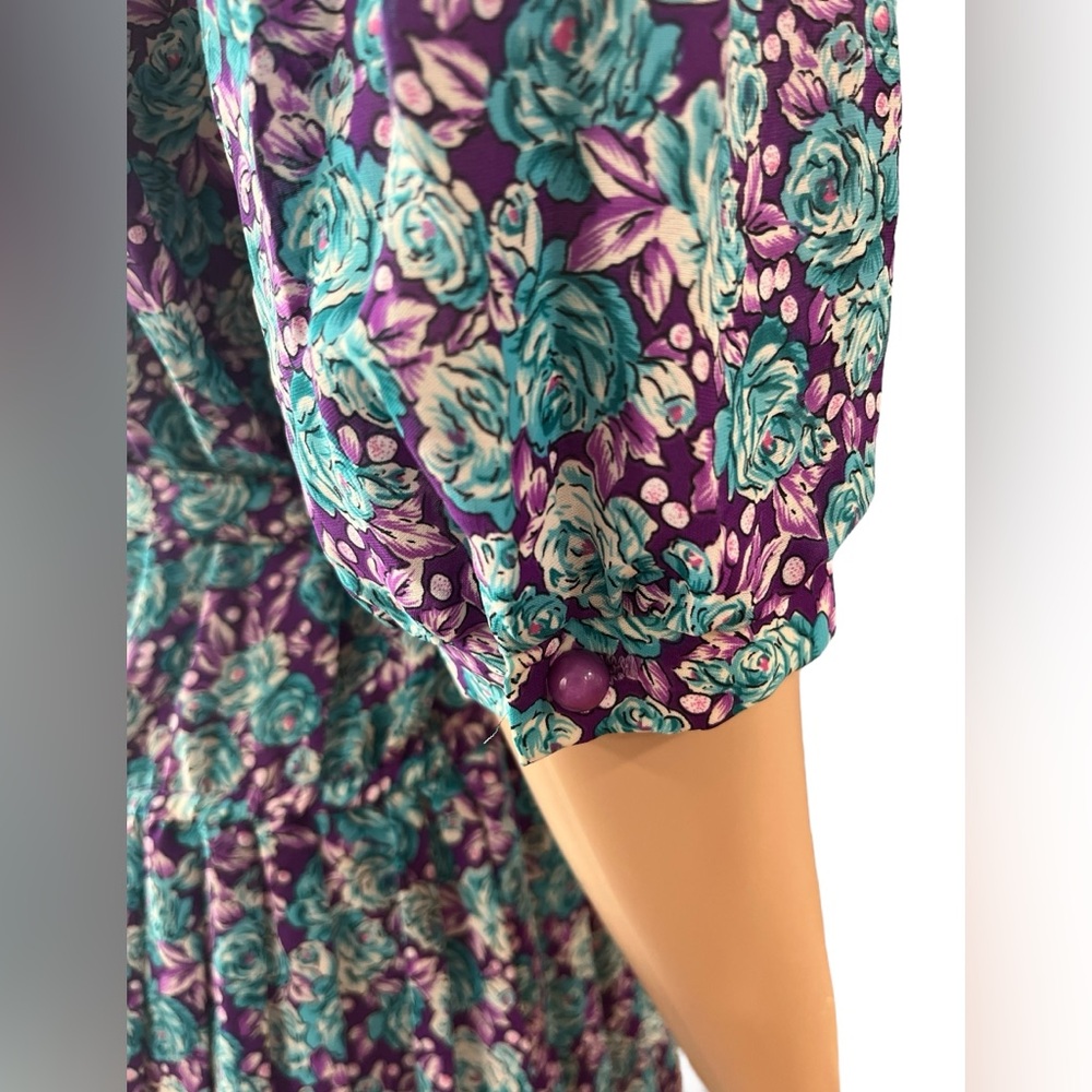 Cottagecore collegiate modesty accordion floral 80’s belted dress 7/8 - Picture 7 of 11